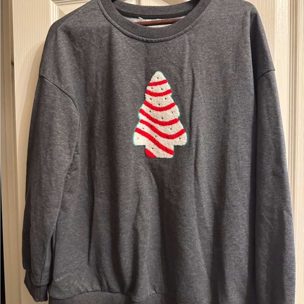 Festive Gray Sweater with Christmas Tree Design